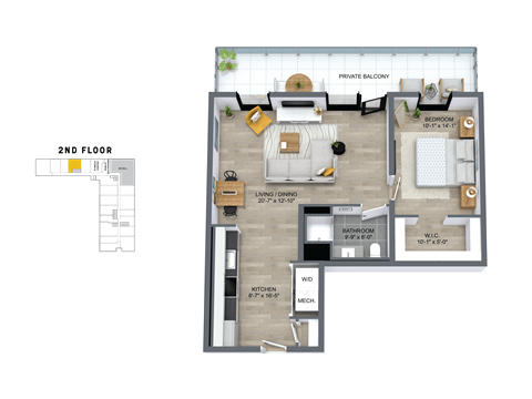 Floor plan for 1 bed, 1 bath, 801 sqft